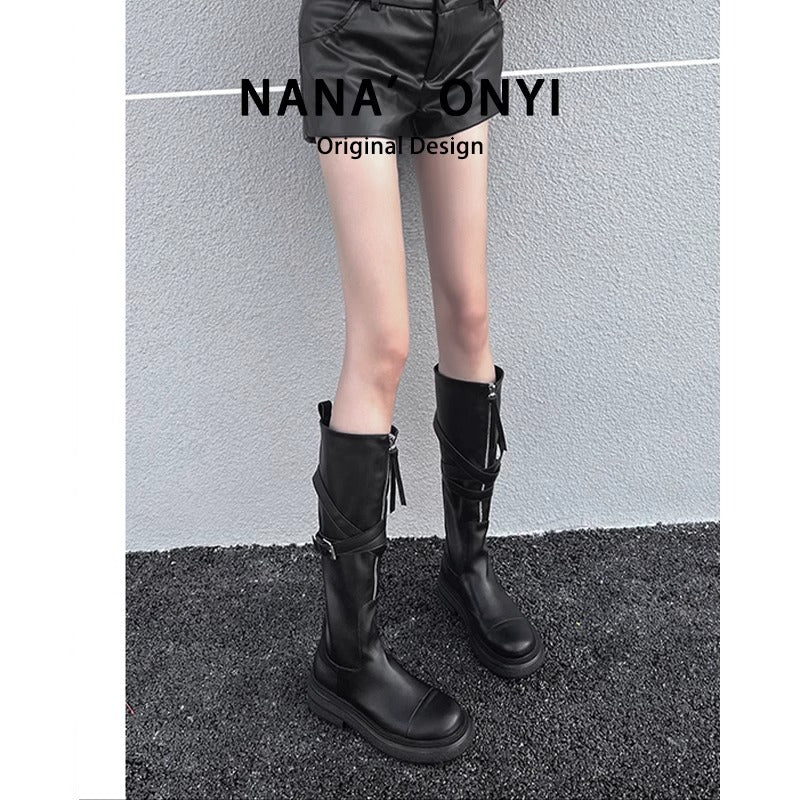 Women's Cowhide Version Style Black Riding Widened Boots