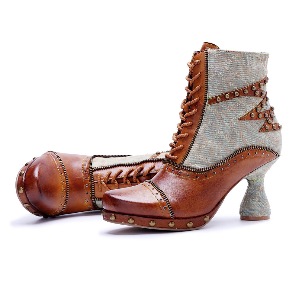 Women's Hand-rub Color Stitching Locomotive Rivet Tie Women's Leather Boots