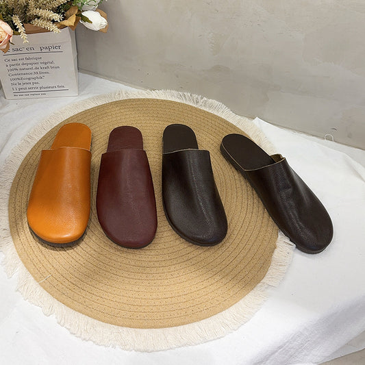 Women's Summer Fashion Round Toe Bottom Top Layer Cowhide Retro Closed Flat Slippers