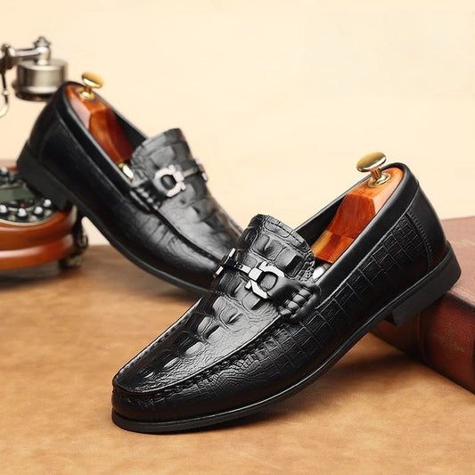 Men's Breathable Trendy Crocodile Pattern British Cowhide Men's Business Leather Shoes