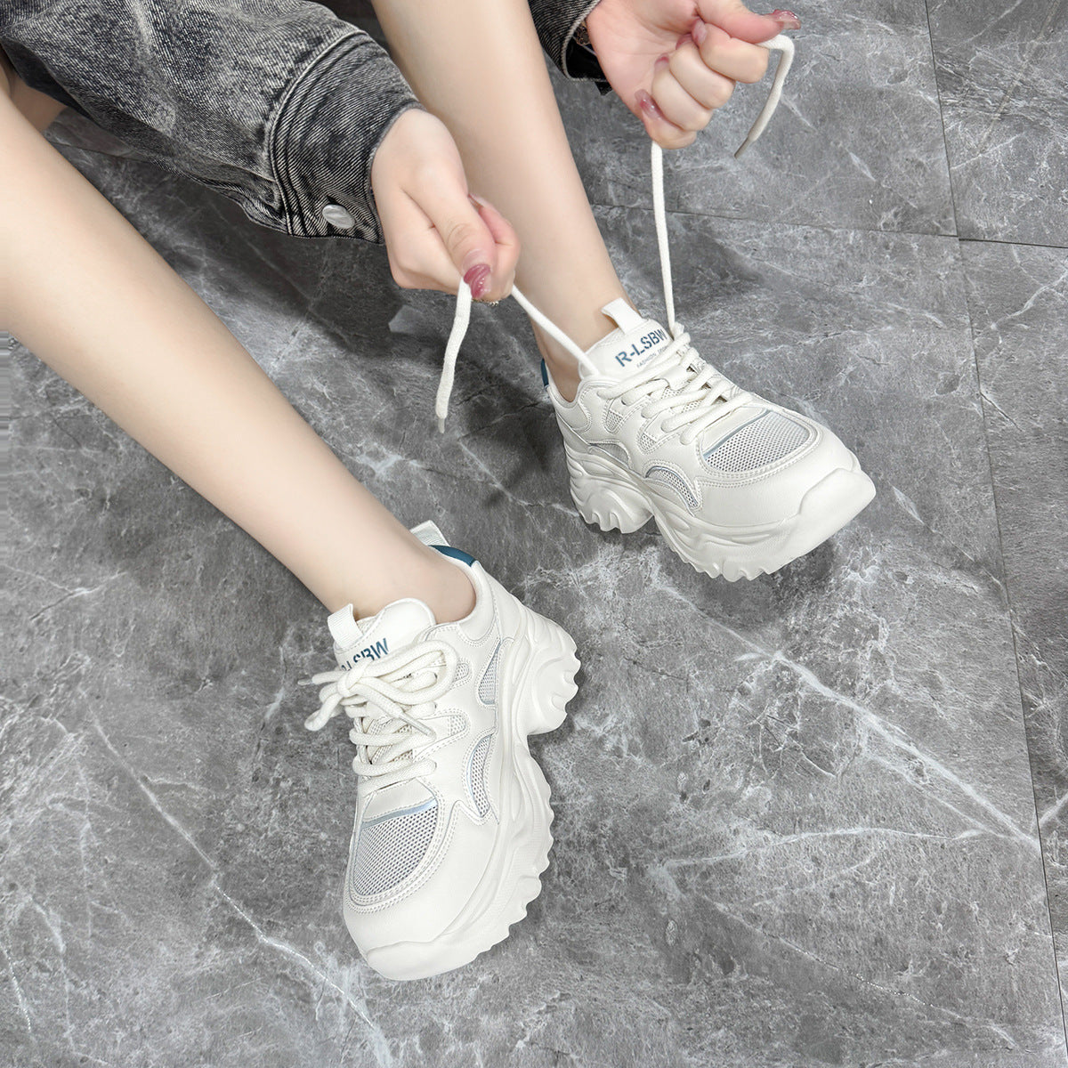Women's White Mesh Lace Up Breathable Pumps Color Sneakers
