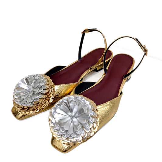 Women's Classic Style Camellia Flower Square Toe Bottom Buckle Strap Elegant Flat Sandals