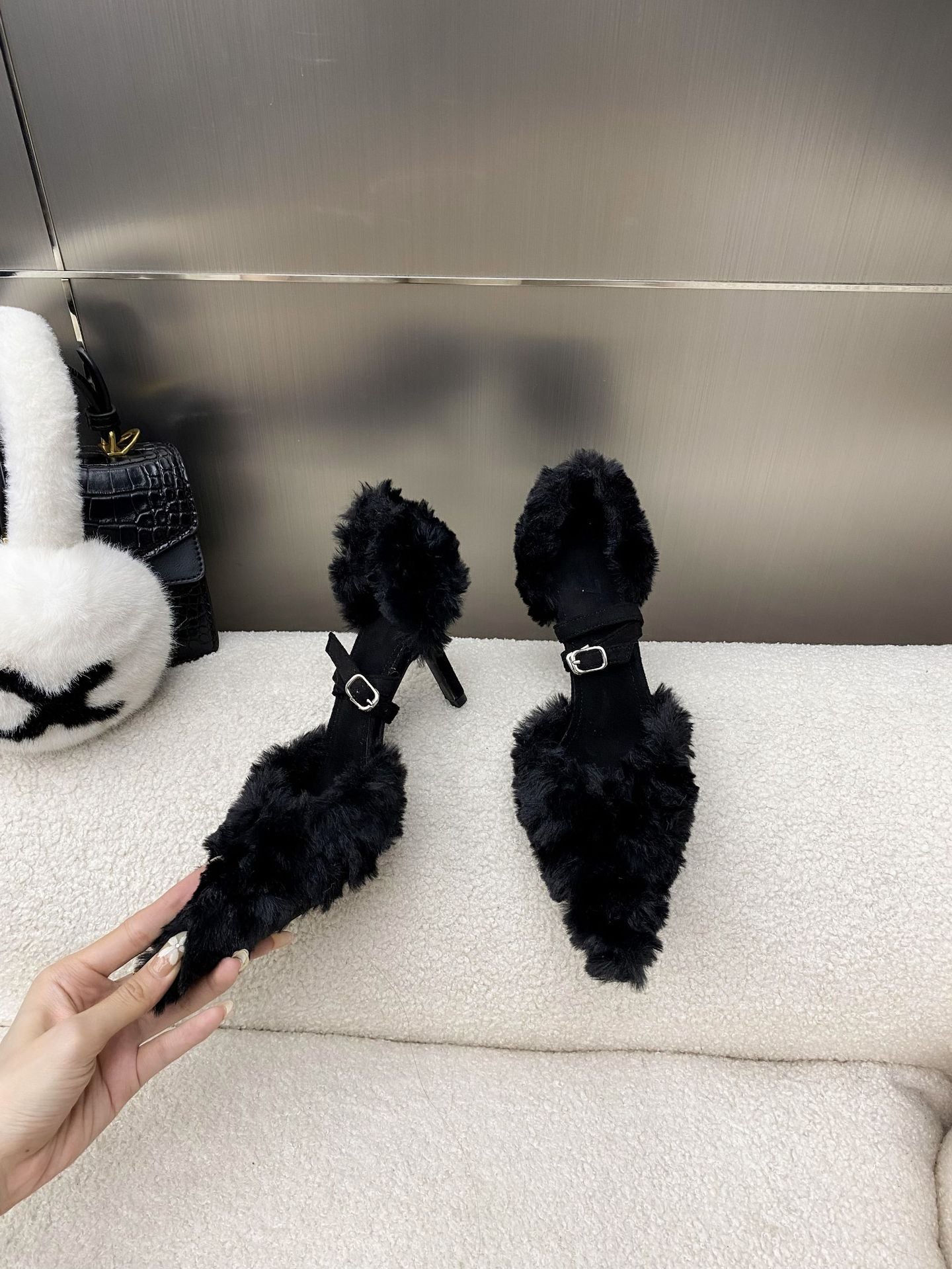 Women's Pointed Toe Stiletto Fashion Closed Fluffy Belt High Heeled Sandals