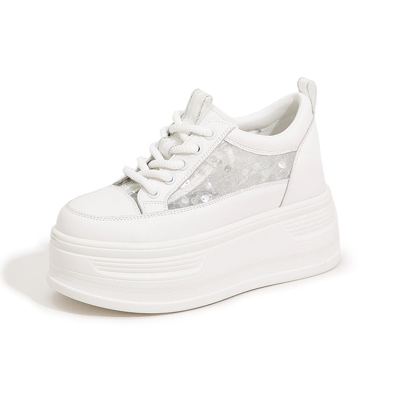 Women's Surface Hollowed White Breathable Platform Height Sneakers