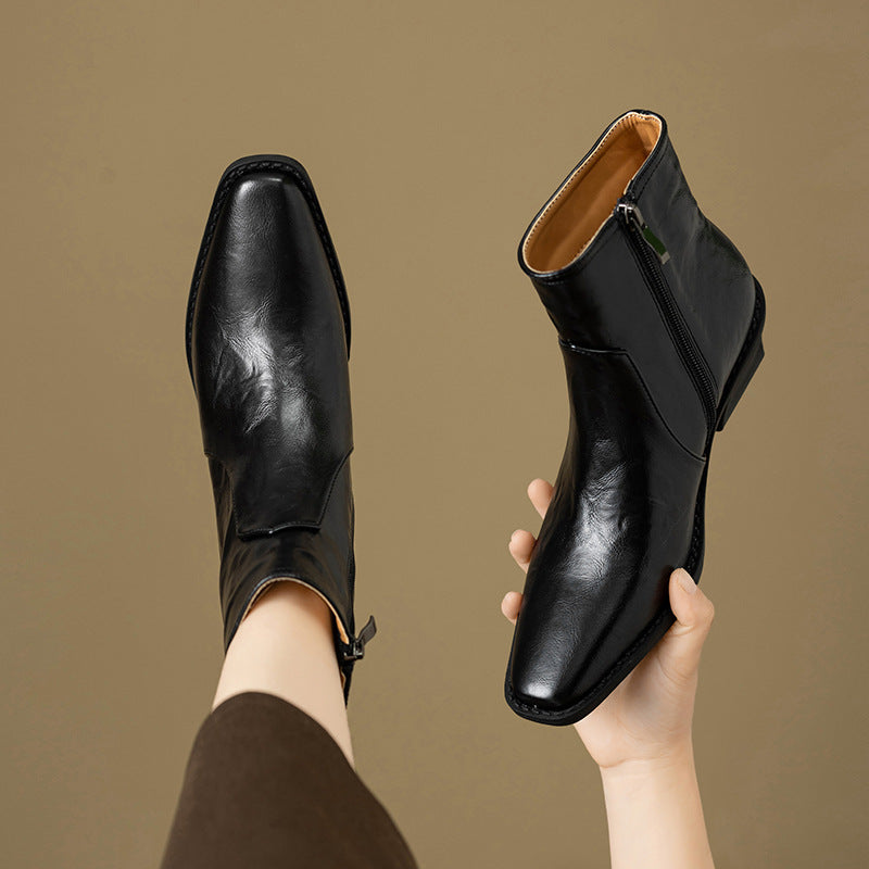 Women's Washed Cowhide Super Comfortable Short Thick Thin Square Toe Boots