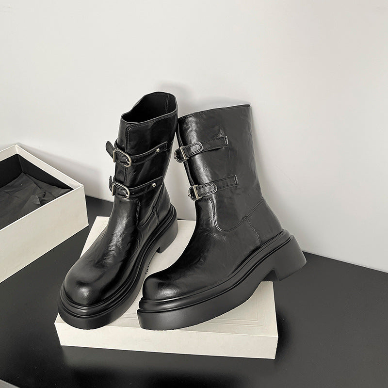 Women's Retro Belt Buckle Platform Height Increasing Knight Ankle Women's Leather Boots