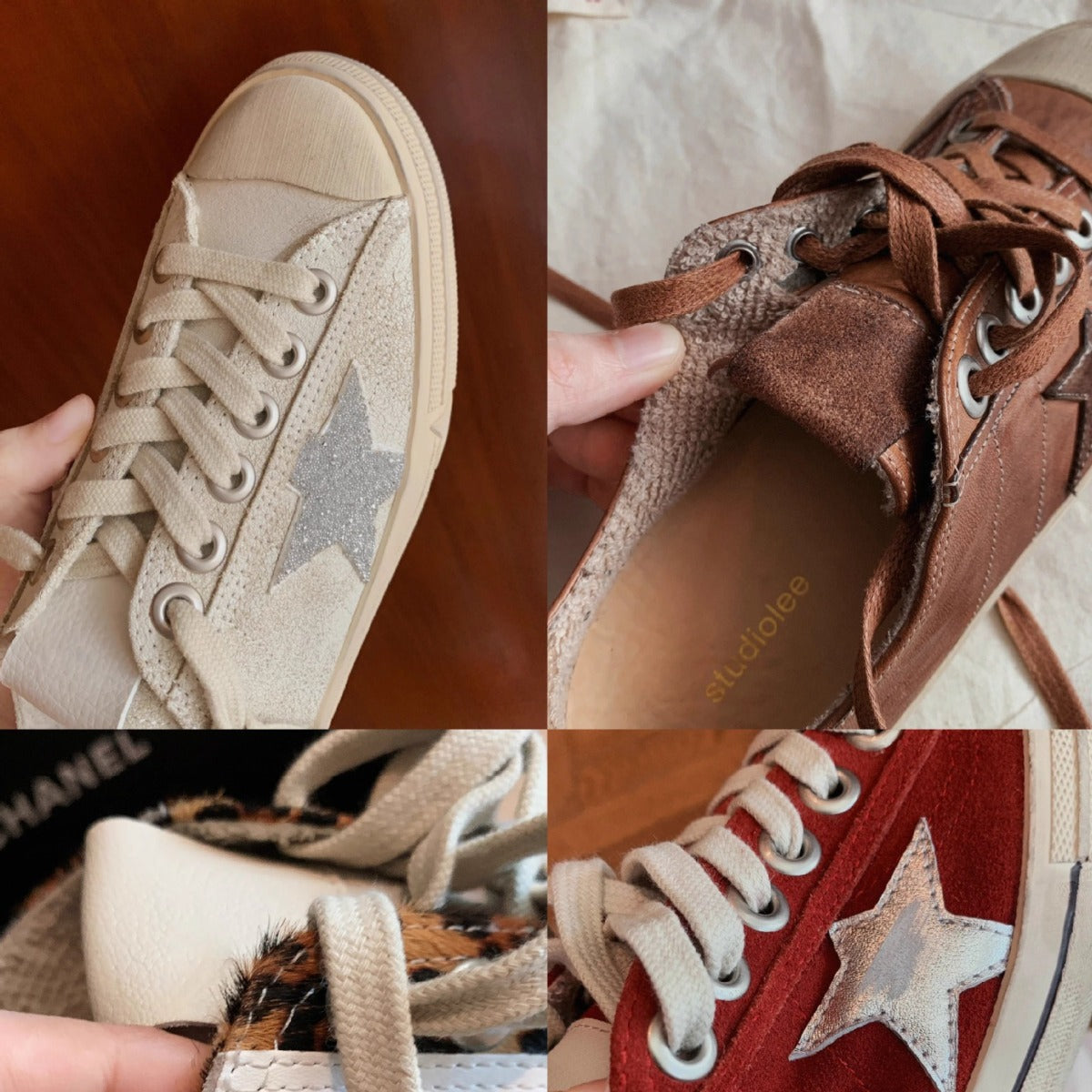 Cowhide Distressed Dirty Retro Lace Up Star Pattern Female Golden Women's Casual Shoes
