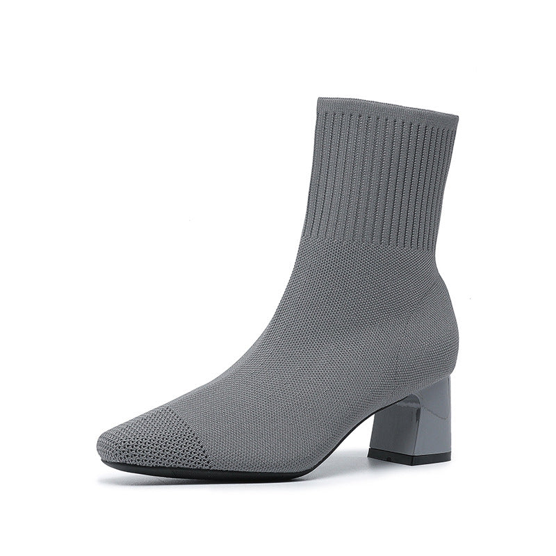 Women's Elastic Chunky Thin Knitted Sock Black Square Boots