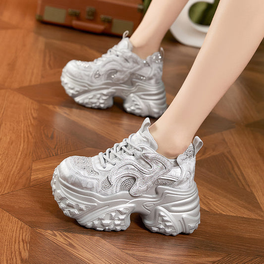 Women's Dad Spring Lightweight Fashion Rhinestone Height Increasing Women's Sports Shoes