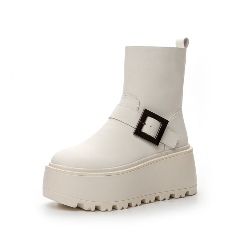 Women's Bottom Martin Belt Buckle Solid Color Ankle Simple Boots