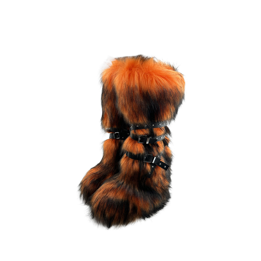 Punk Faux Fur Rivet Slimming Lace Boots
