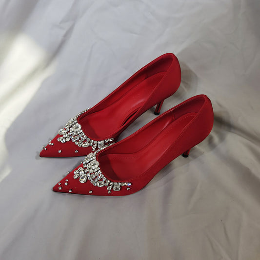 Women's Super Beautiful Bridal Red Wedding Dress Toast High Stiletto Chain Heels