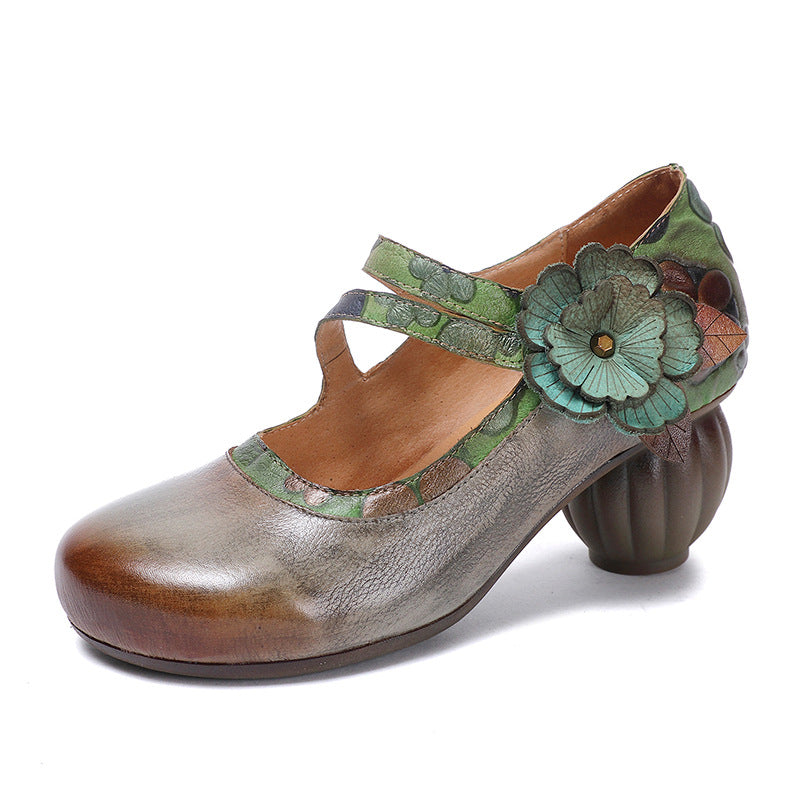Women's High First Layer Cowhide Round Head Little Flower Toe Women's Fashion Shoes