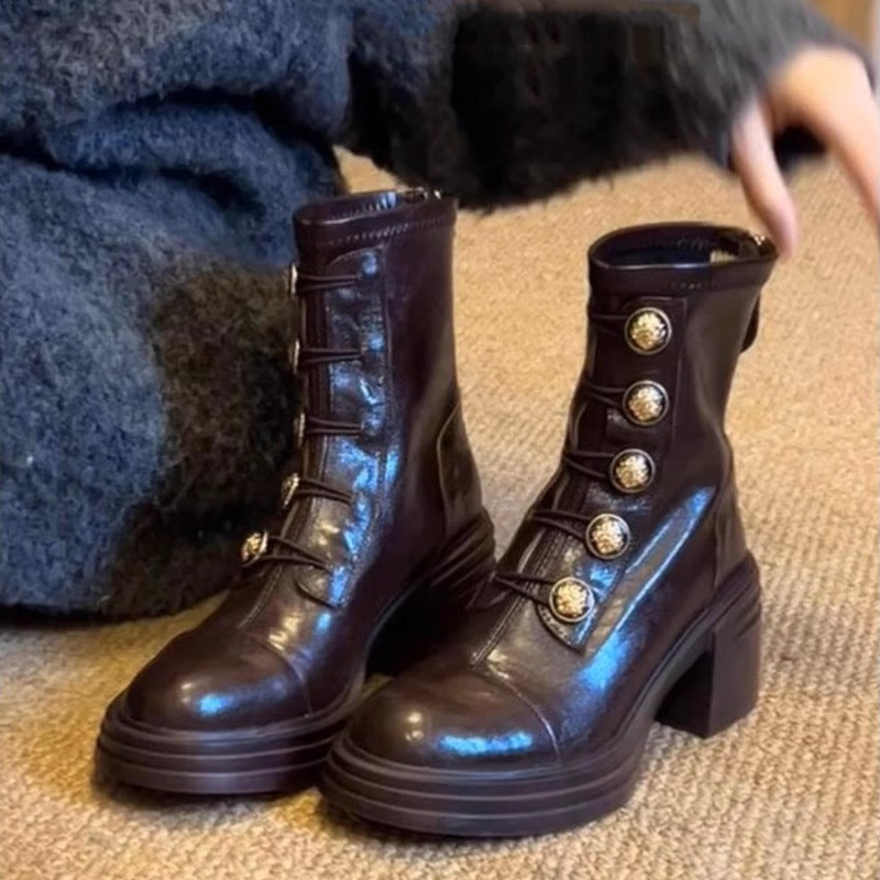 Women's Style Chunky Badge Small Golden Button Booties Versatile Boots