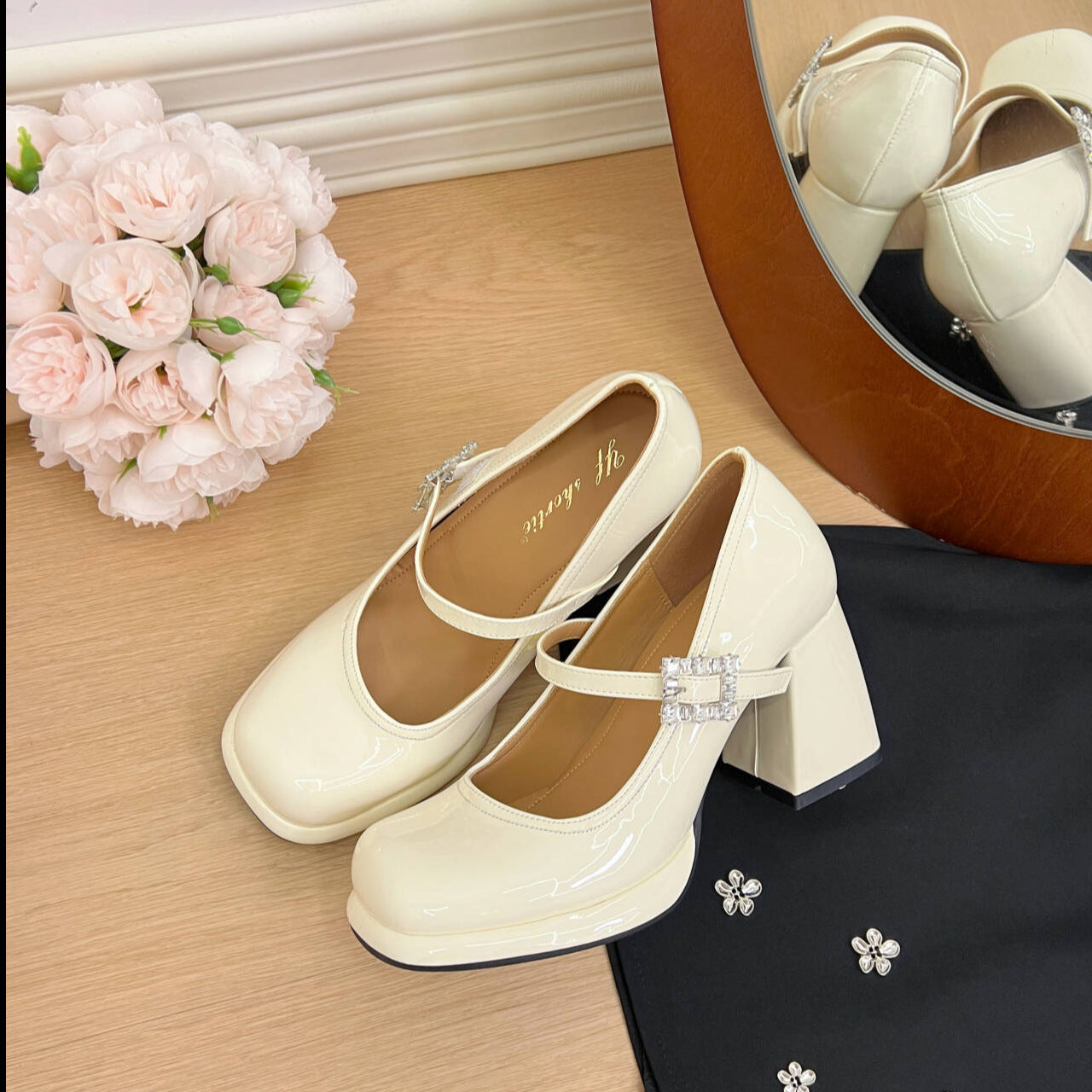 Women's Style Rhinestones Strap Mary Jane Spring Chunky High Patent Women's Fashion Shoes