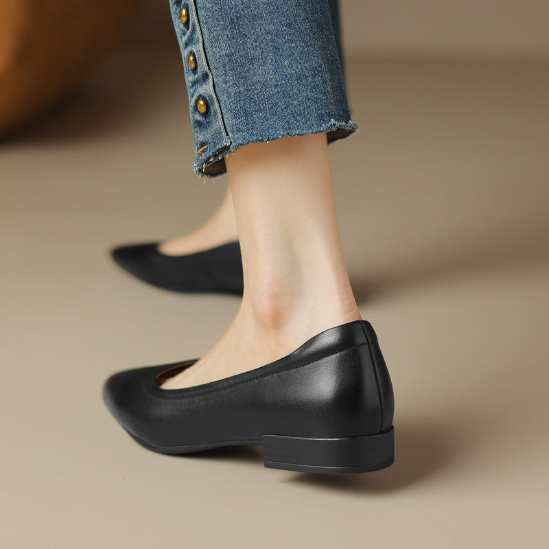 Women's Pointed Toe Chunky Cm Comfortable First Layer Cowhide Professional Mute Heels