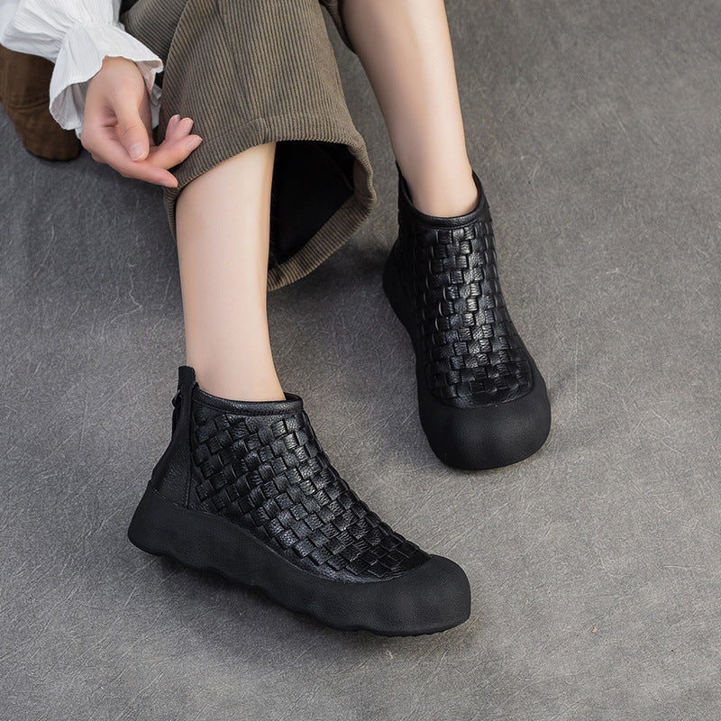 Women's Handmade Weave Vintage Booties Comfortable Platform Women's Leather Boots