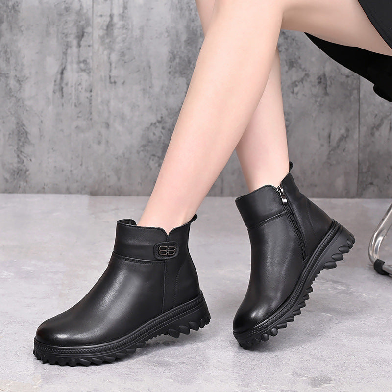 Women's Wool Fleece-lined Thick Top Layer Cowhide Snow Boots