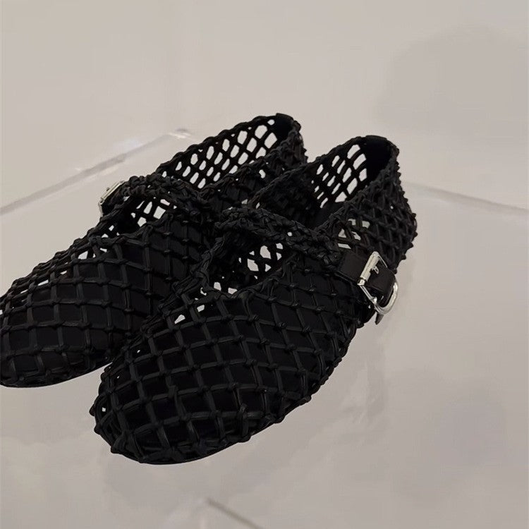 Women's Sheepskin Version Woven Hollowed Mary Jane Ballet Low-cut Flat Women's Fashion Shoes