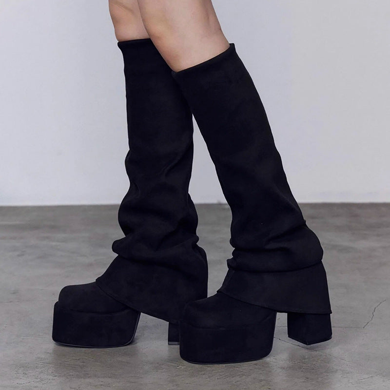 Women's Thick Bottom Chunky High Pantyhose Square Toe Hot Boots