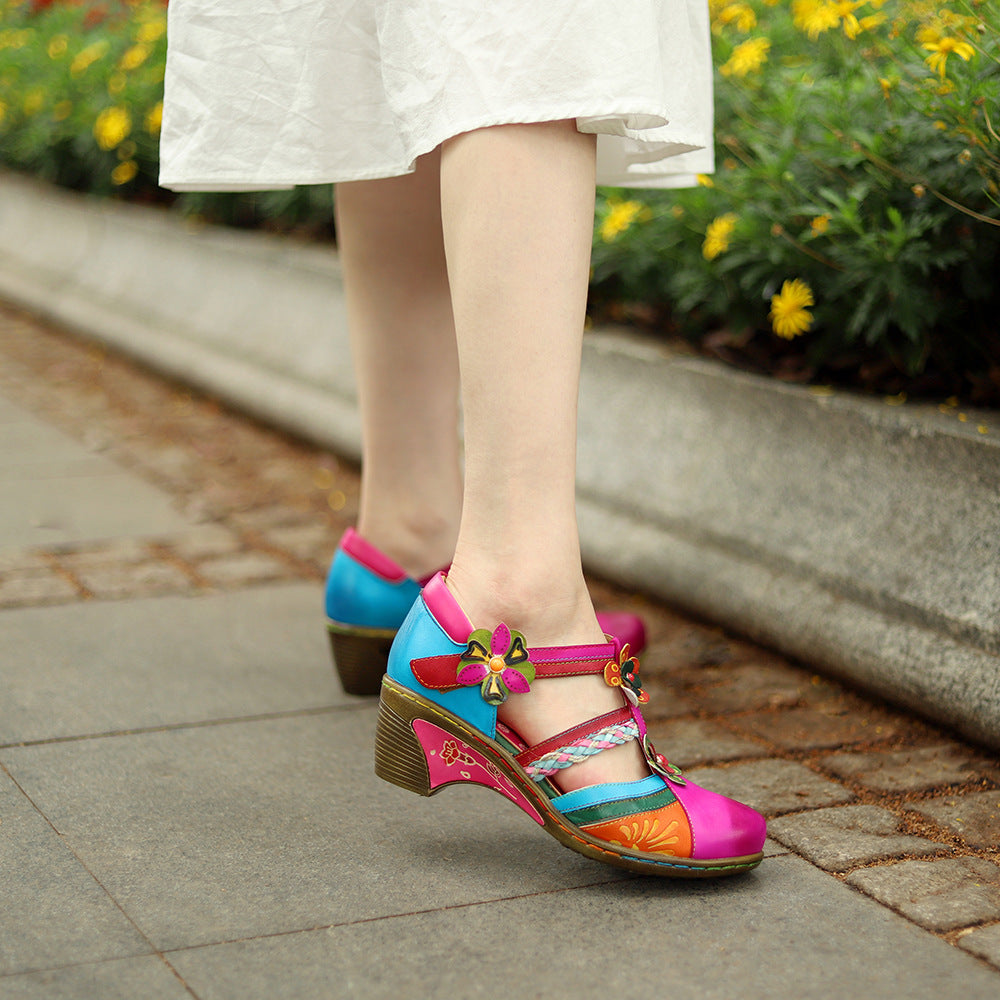 Retro Bright Flower Contrast Color Velcro Wedge Round Toe Mary Women's Fashion Shoes