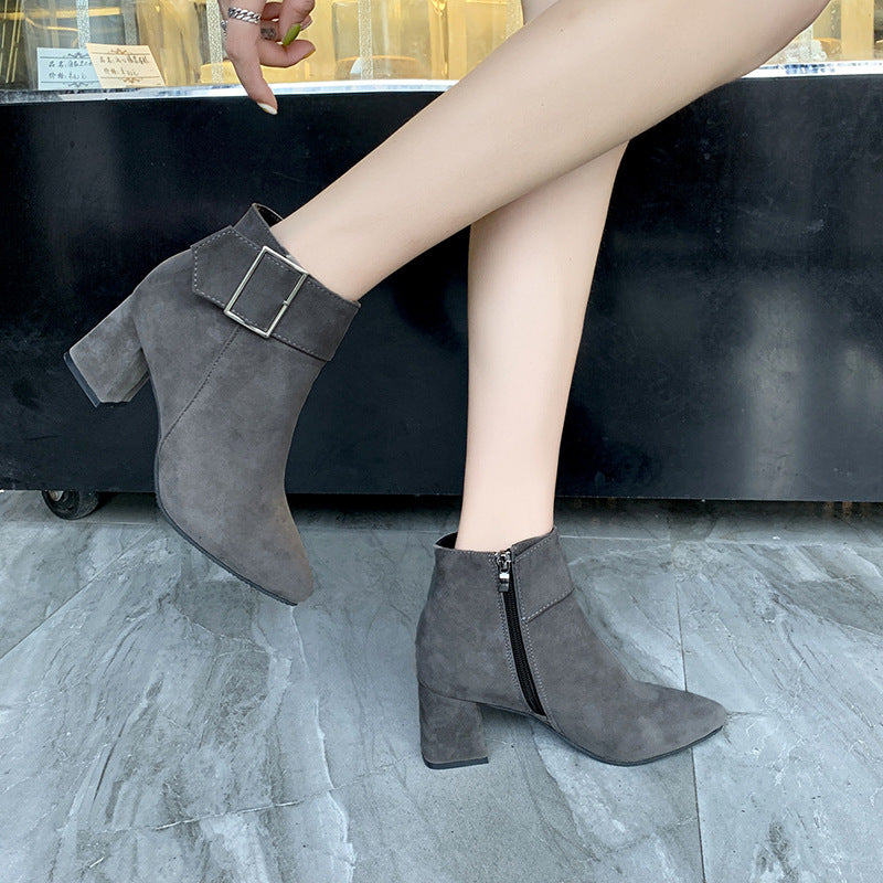 Women's Chunky Belt Buckle Pointed Korean Style Boots