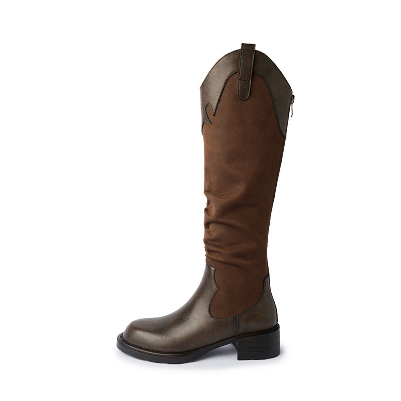 Women's American Retro Chunky Western Cowboy Riding Plus Veet Women's Leather Boots