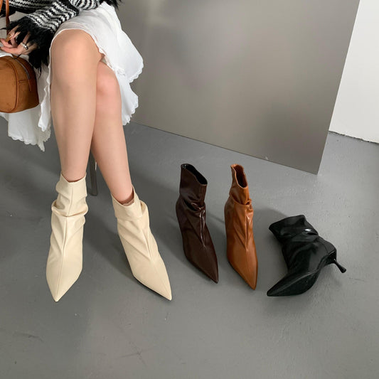 Women's Temperament High Thin Booties Brown Pointed Toe Heels