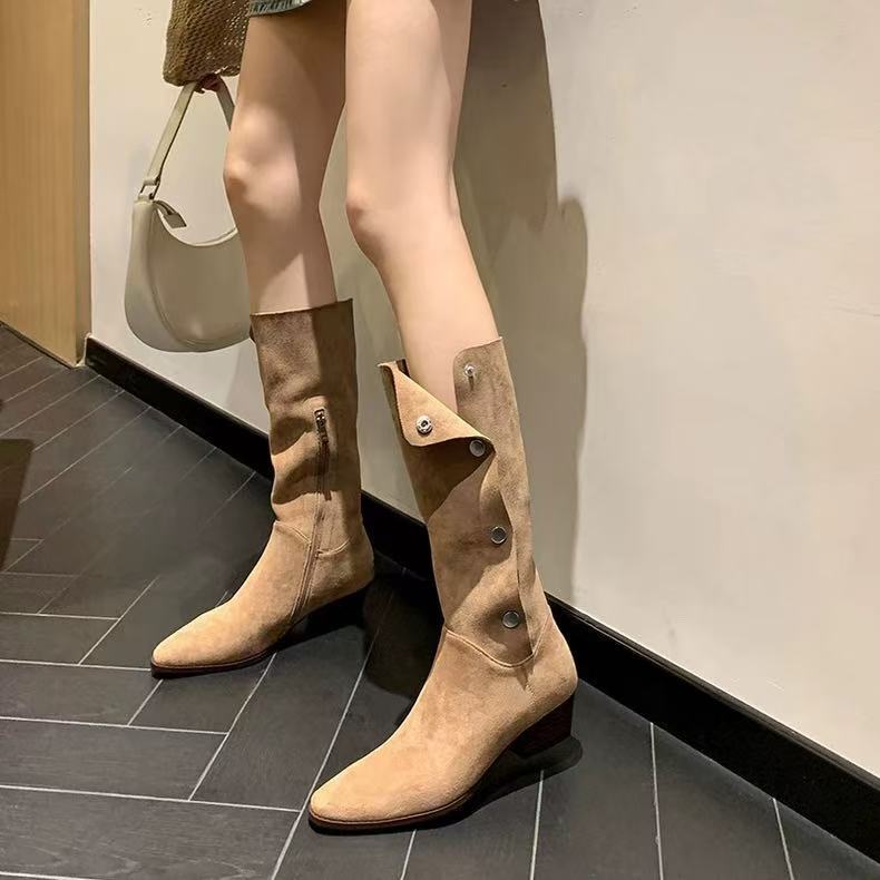 Women's Pointed Toe Pile Style Western Cowboy Button Side Women's Leather Boots