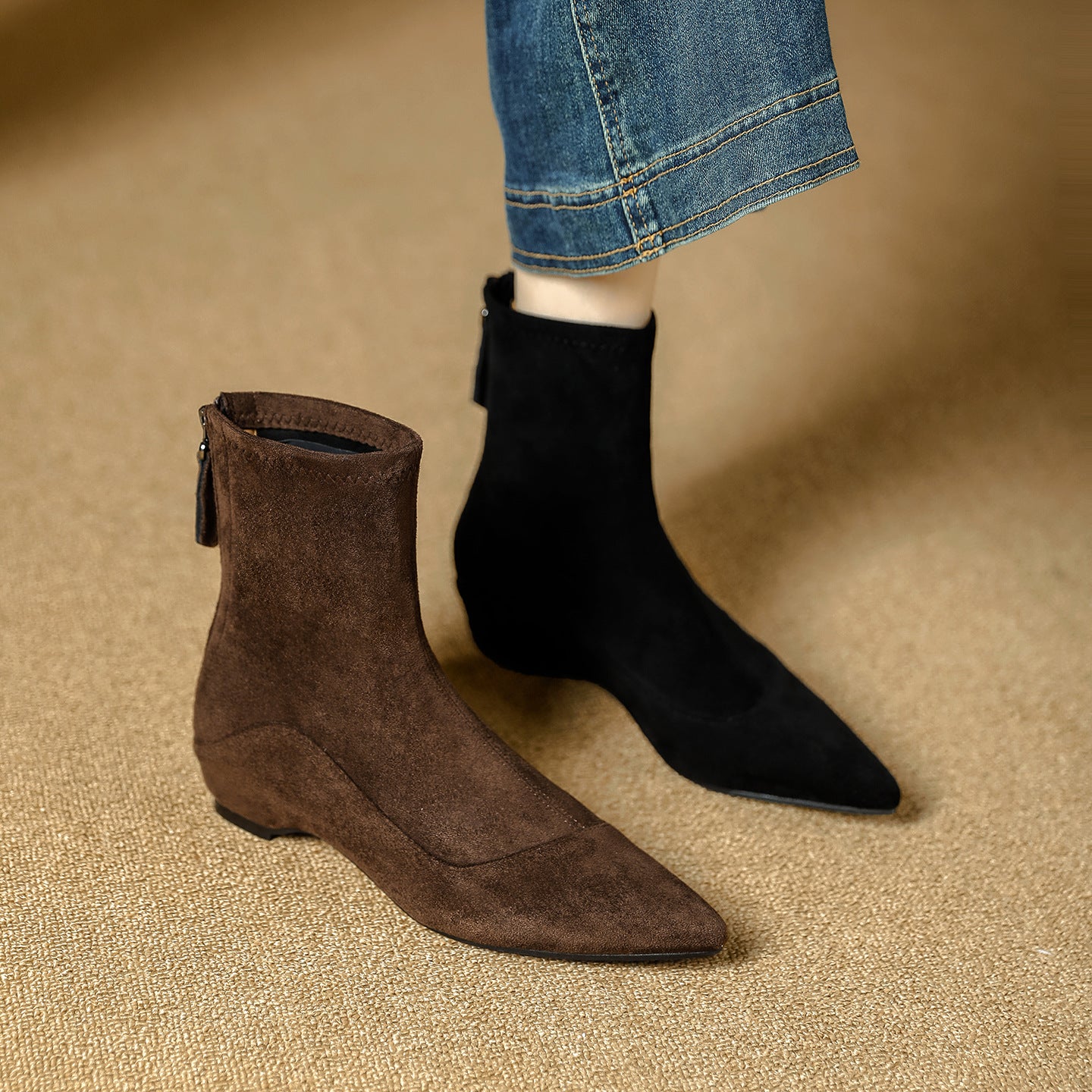 Women's Slimming French Retro Pointed Toe Suede Short For Height Increasing Women's Leather Boots