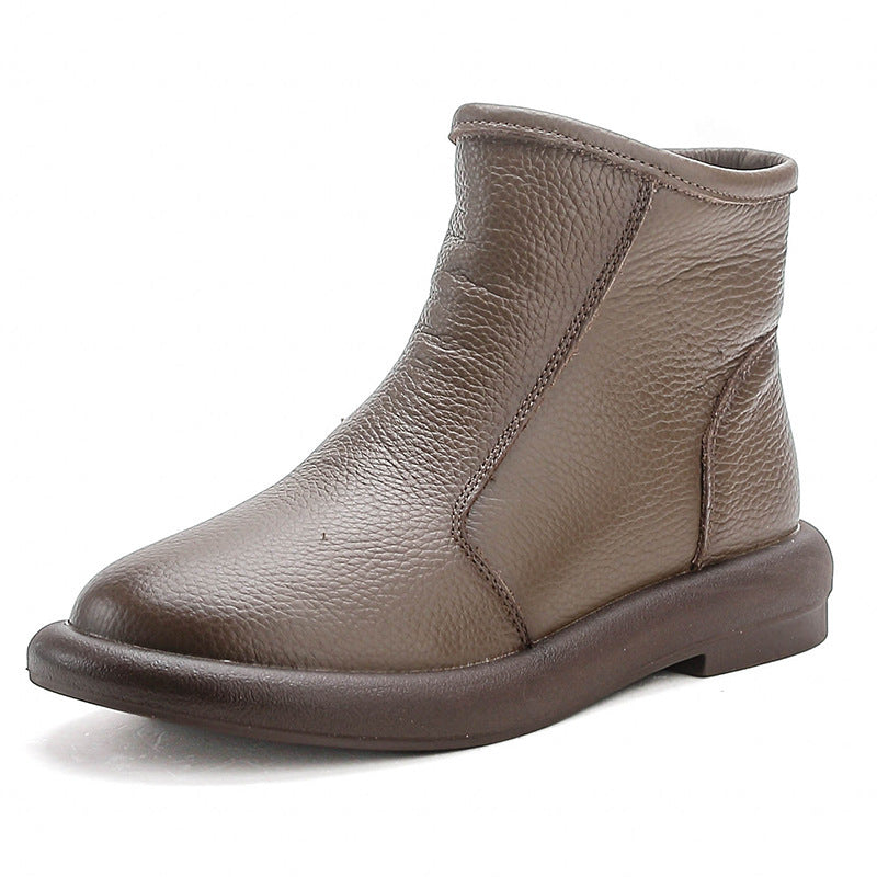 Women's Cowhide Real Wool Low Martin Vintage Genuine Short Round Toe Women's Shoes