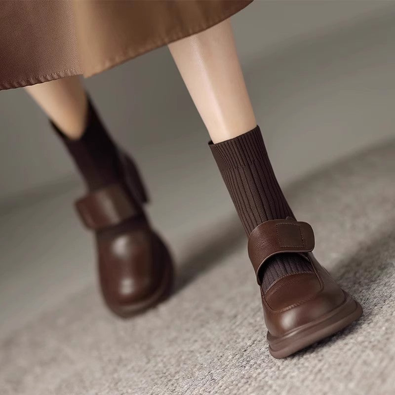 Women's One Genuine Retro Round Head Ankle Knitted Sock Chunky Women's Leather Boots