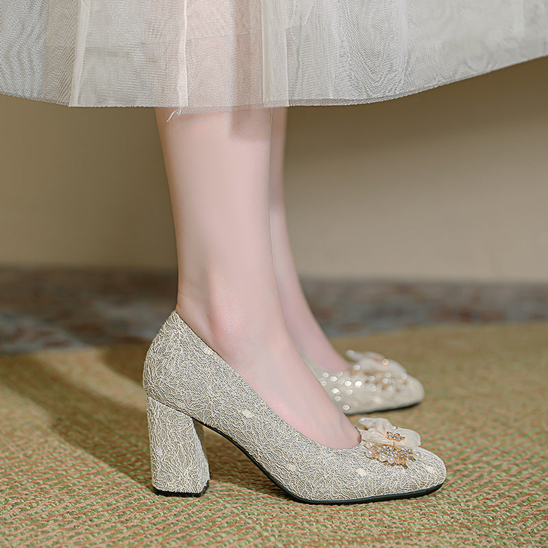 Chunky High Small Size Bridesmaid Not Tired Feet Banquet Versatile Heels