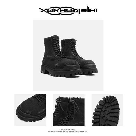 Men's Elevator Style Black Retro Big Ripped Boots