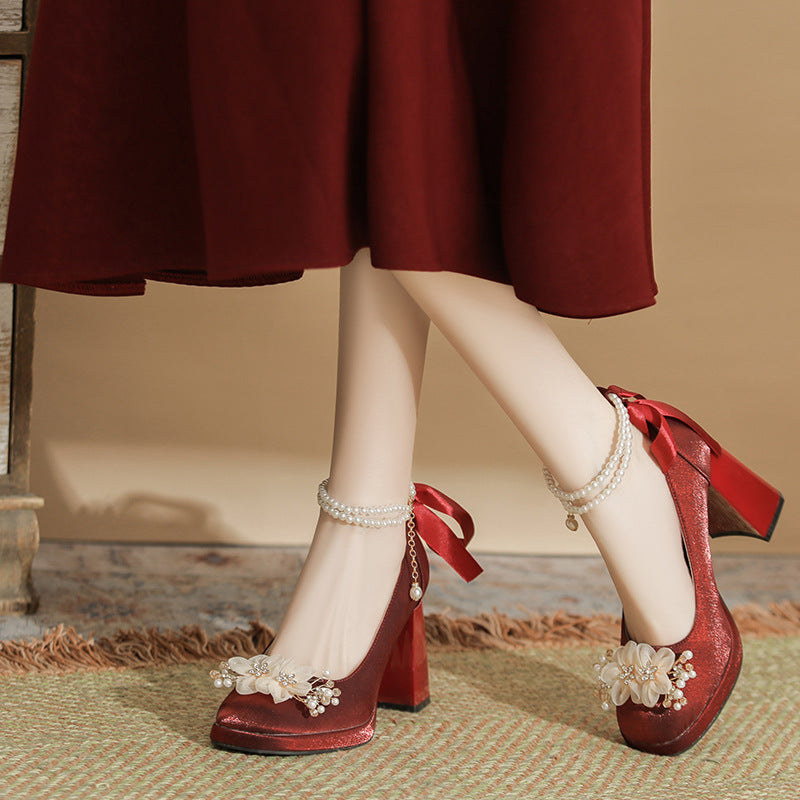 Women's Red Square Toe Mary Jane Wedding Heels
