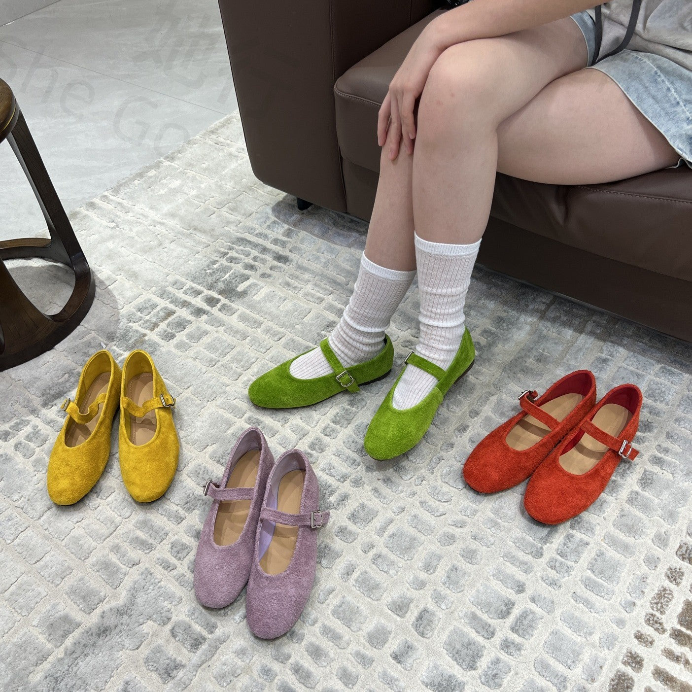 Women's First Layer Cowhide Mary Jane Ballet Flat Skirt Retro Buckle Slippers