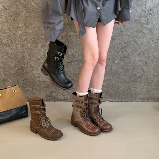 Fashionable Metal Buckle Knight Retro Color Women's Leather Boots
