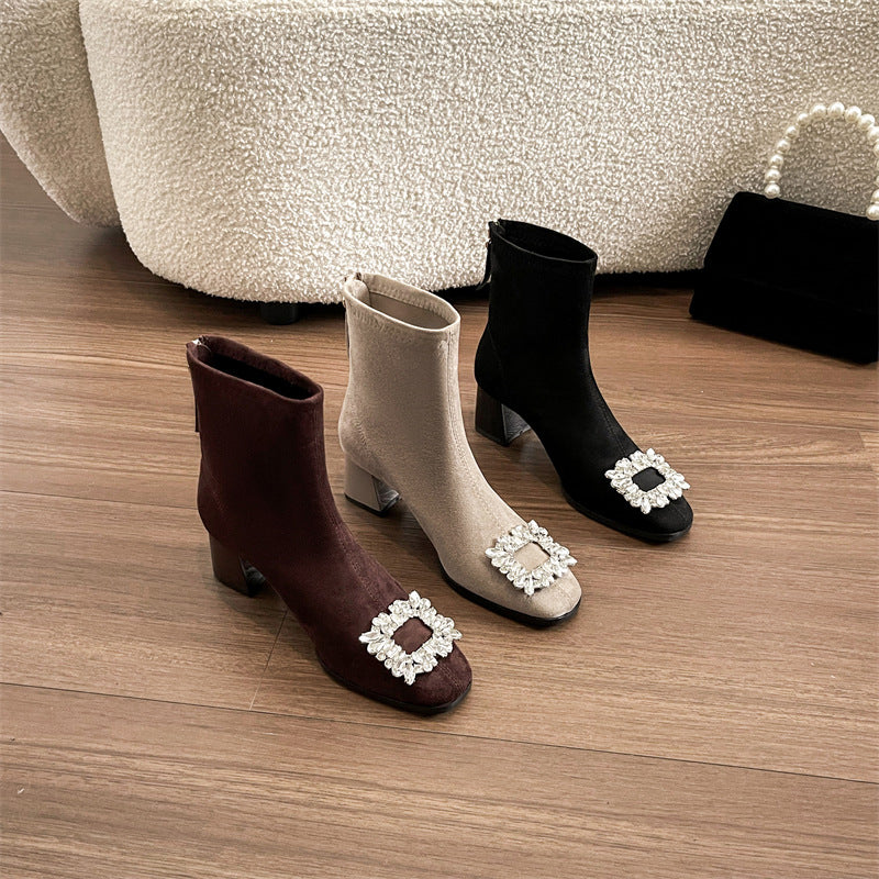 Women's Chunky Short Matte Suede Fashion Square Toe Rhinestone Women's Leather Boots
