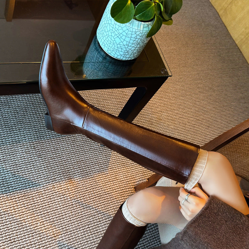 Women's Tall Knight Genuine Below The Knee Slim Brown Heels