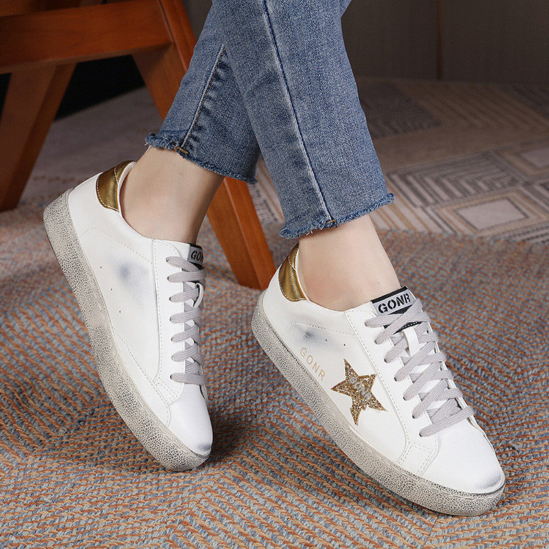 Women's & Men's Cowhide Distressed Dirty White Height Increasing Insole Couple Sneakers