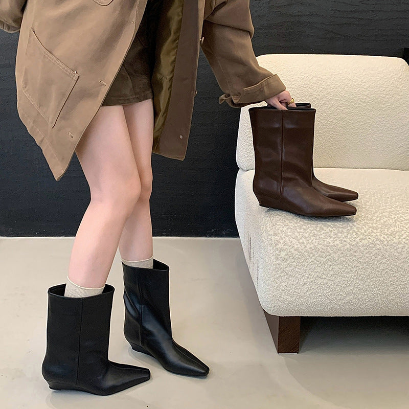 Square Toe Booties French Style Temperament Wedge Bootie Solid Color Boots