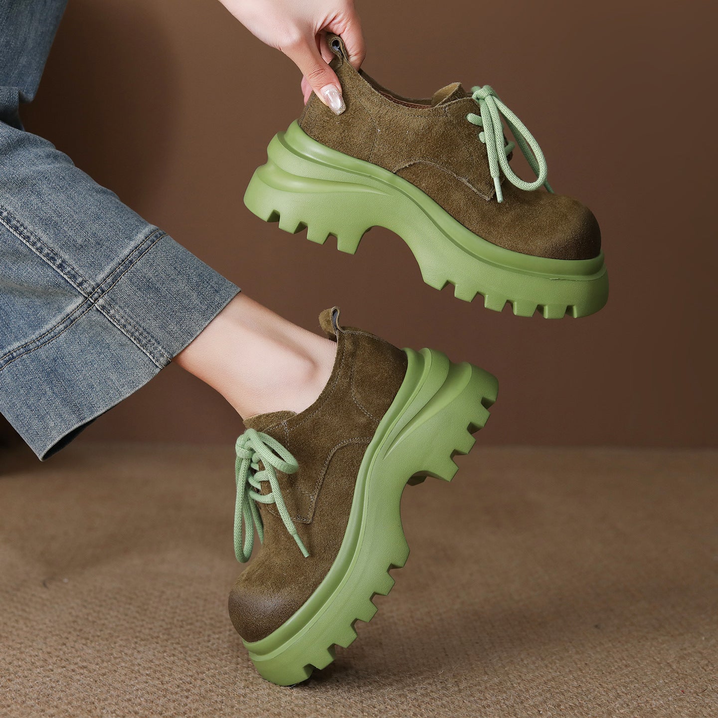 Women's Layer Cowhide Spring Retro Round Head Thick Bottom Women's Casual Shoes