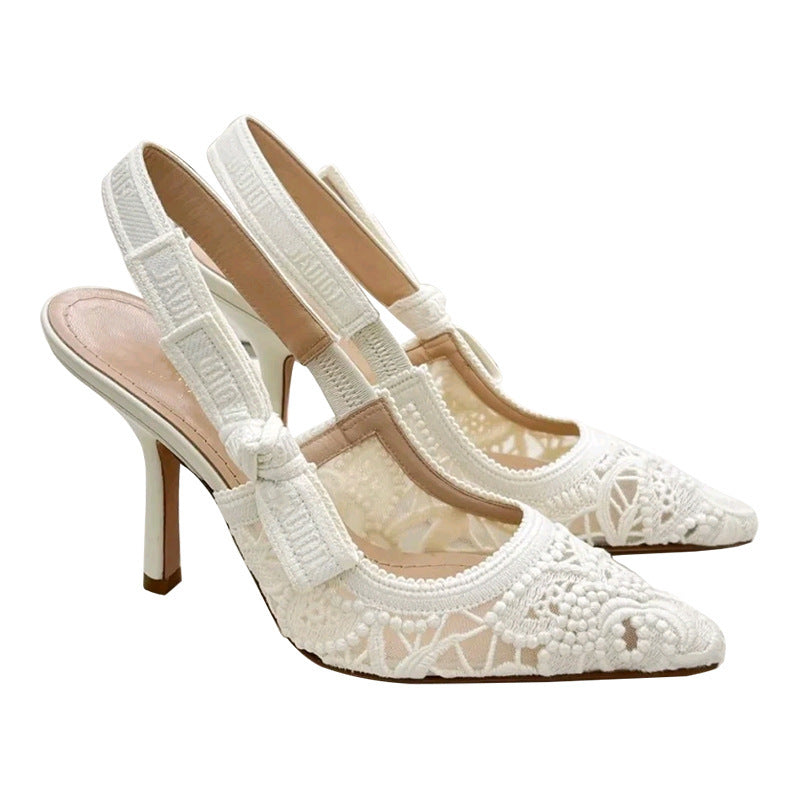 Women's Letter Lace Wedding Mesh Flat Kitten Pointed Sandals