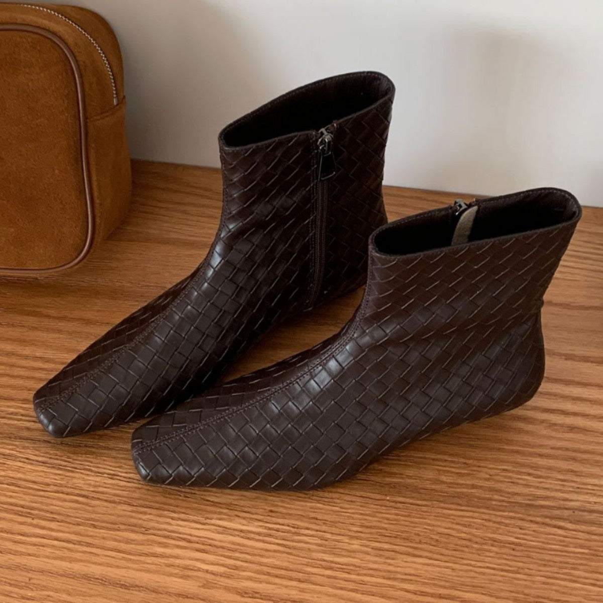 Women's Korean Style Square Head Woven Loose Sleeve Wedge Short Low Women's Leather Boots