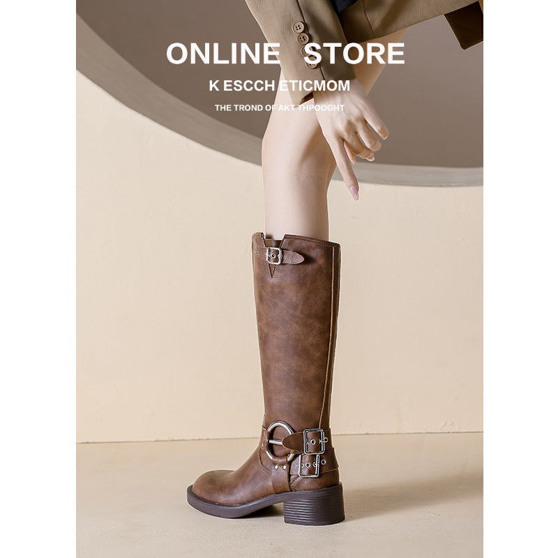 Women's Autumn British Style Brown Long Tube Western Women's Leather Boots
