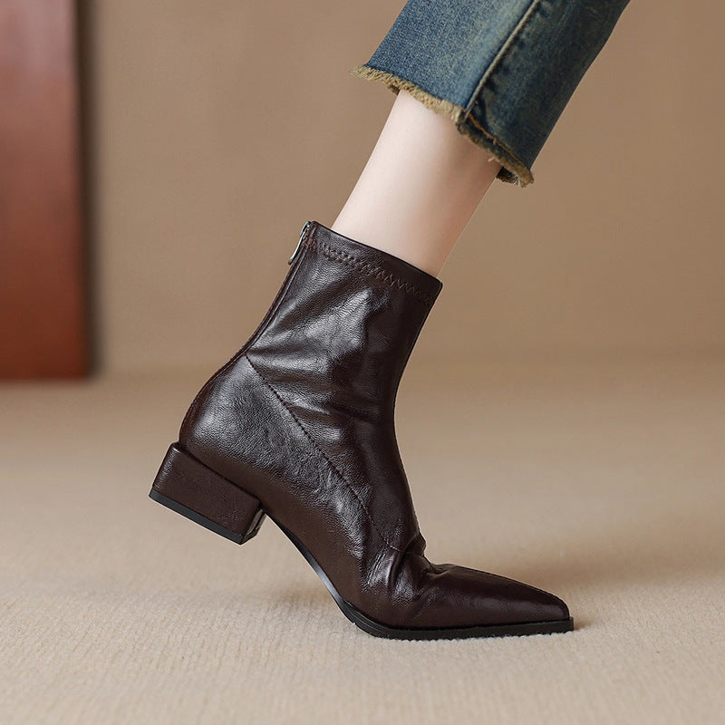 Women's Low Brown Stretch Thin Short Retro Women's Leather Boots