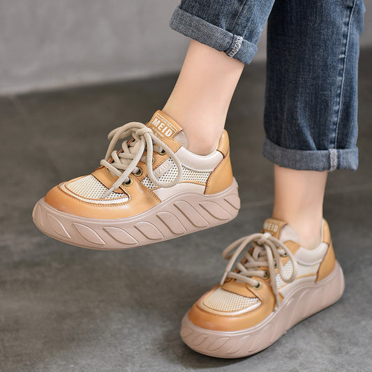Women's Layer Cowhide Platform Breathable Mesh Genuine Men's Shoes