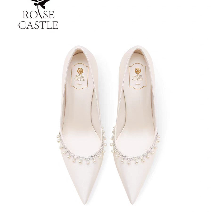 Women's Pearl Chain Engagement French White Main Wedding Banquet Dress Fine Women's Fashion Shoes