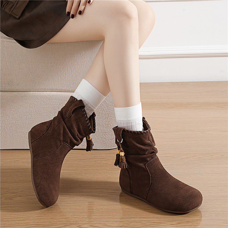 Women's Height Increasing Insole Retro Ankle Western Martin Round Toe Short Women's Leather Boots
