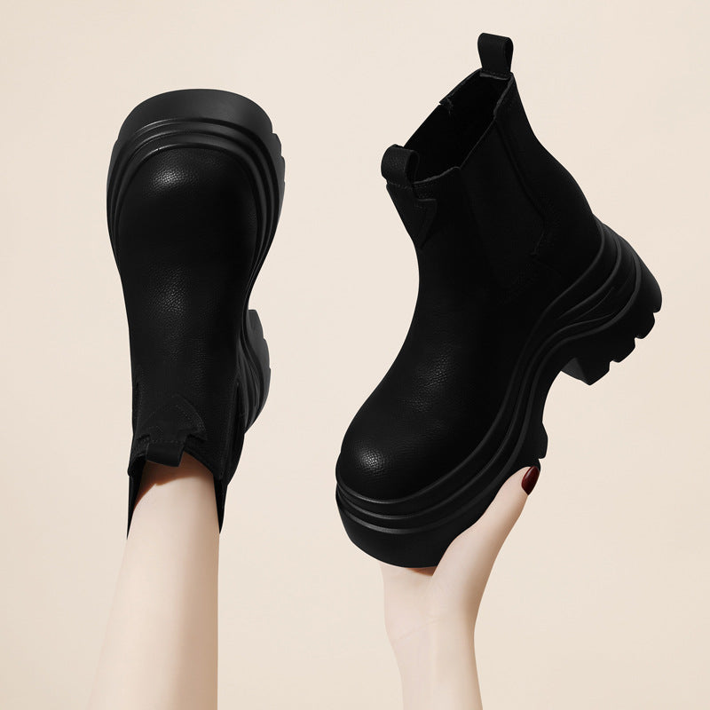 Women's British Style Short High Platform Height Increasing Insole Boots